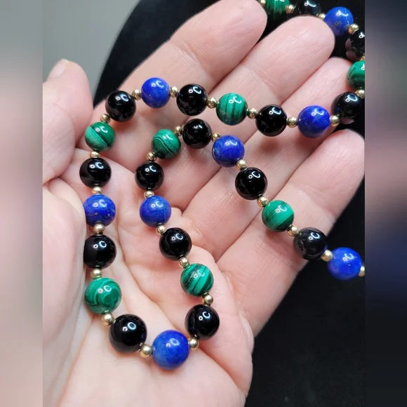 Natural Gemstone NecklaceLapis, Malachite & Onyx30”
